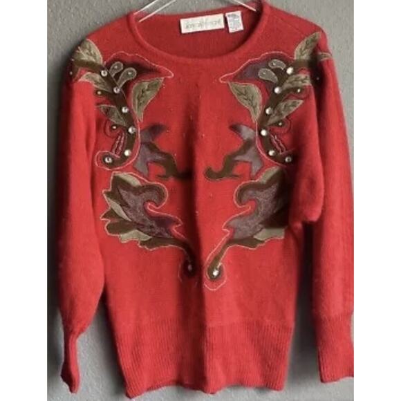Giancarlo Ferranti Red Silk Angora Sweater Leather Applique Gems Vtg Women M - Picture 3 of 10